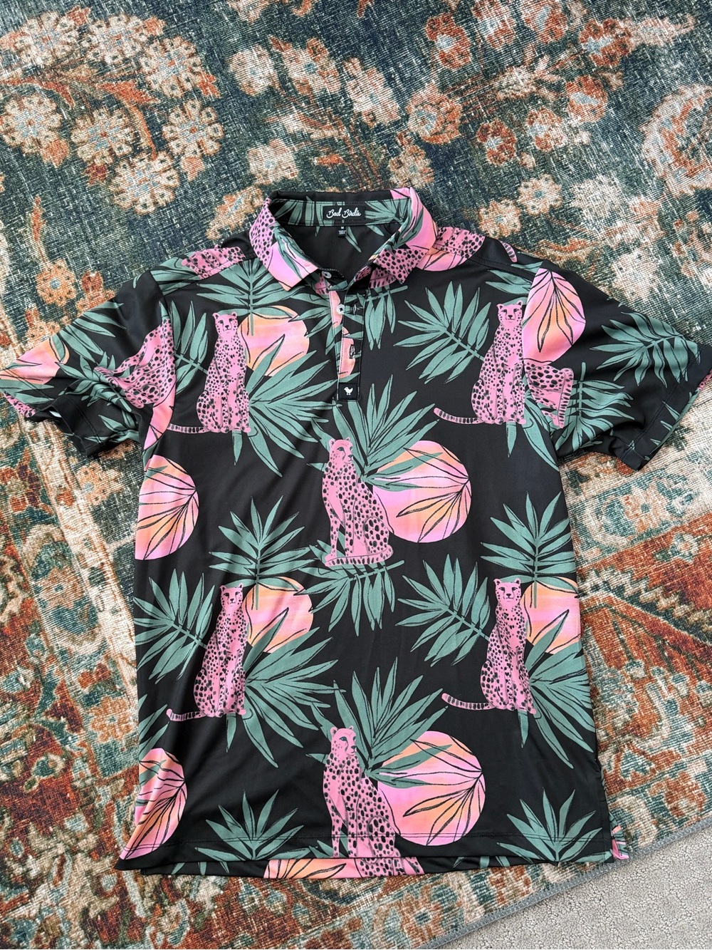 Bad Birdie Black Polo with Pink Cheetahs & Green Tropical Leaves